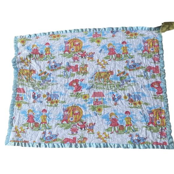 2 vtg 1970's Baby blankets nursery rhymes bears 3ft + quilt jack & Jill boy girl